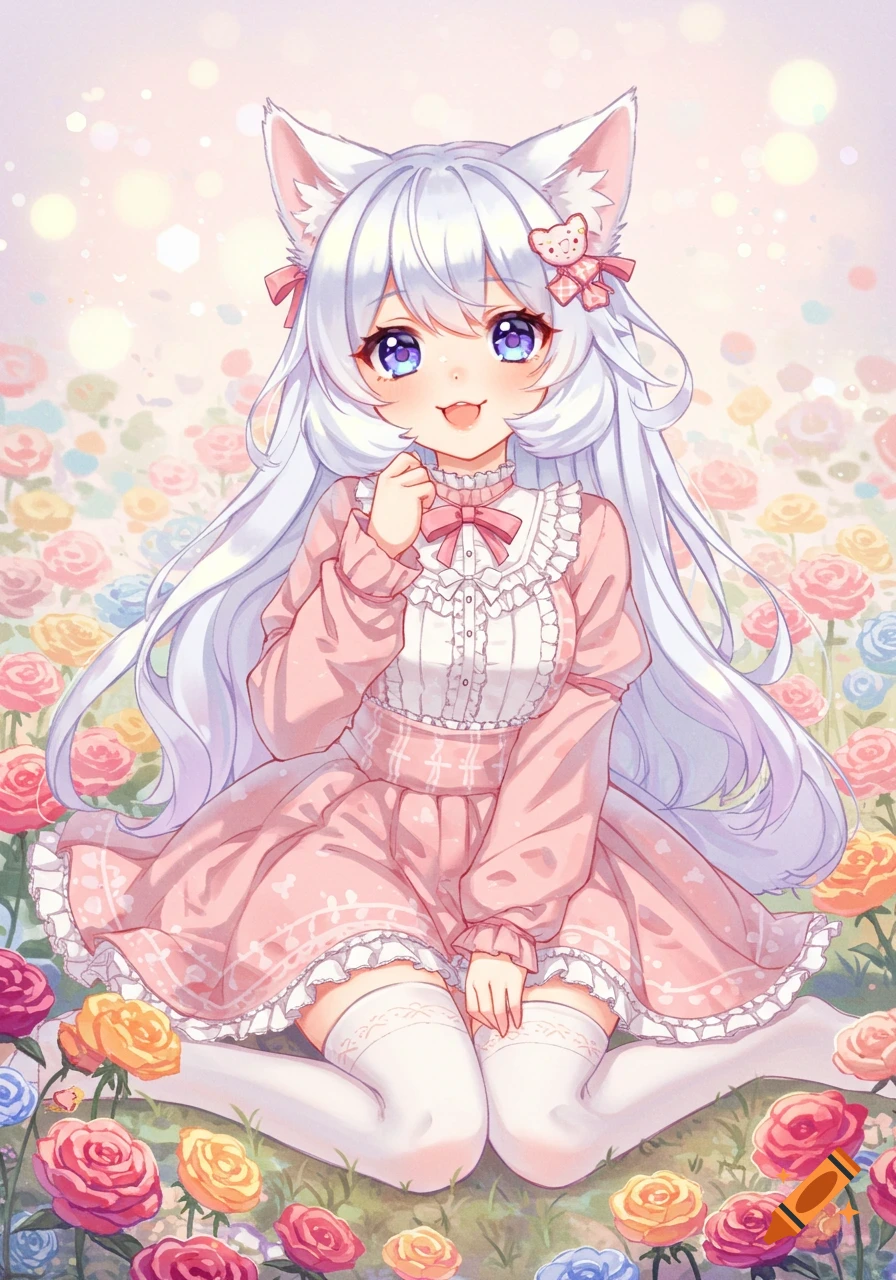 Anime catgirl with white hair in pink dress sitting in field of colorful roses