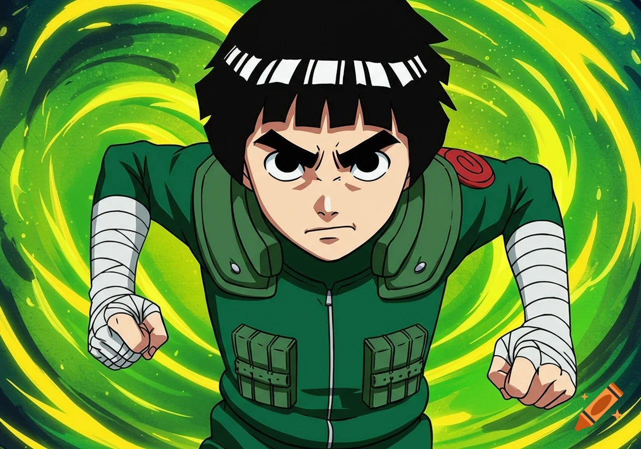 Rock Lee in his green outfit, fists clenched, ready to fight, with a swirling green background in an anime art style.