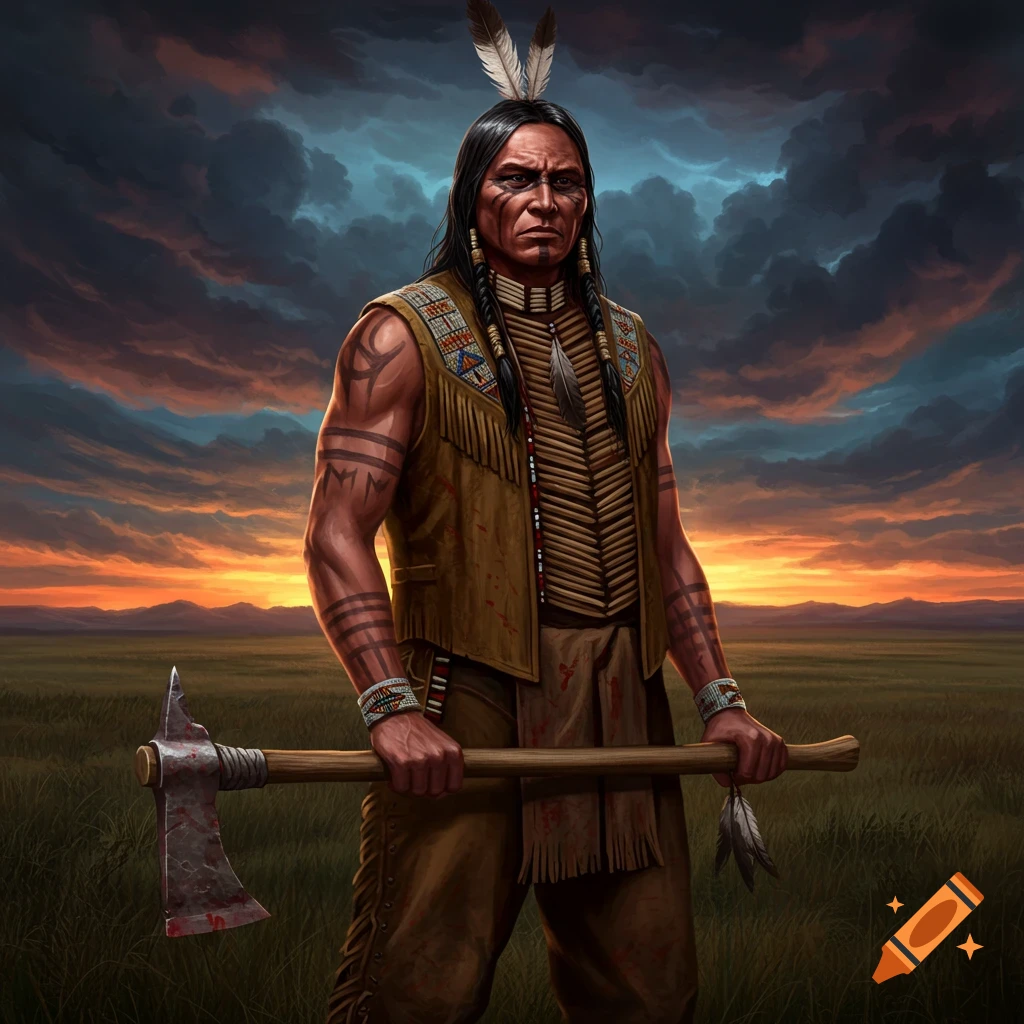 Digital painting of a warrior in traditional attire holding an axe in a field at sunset.