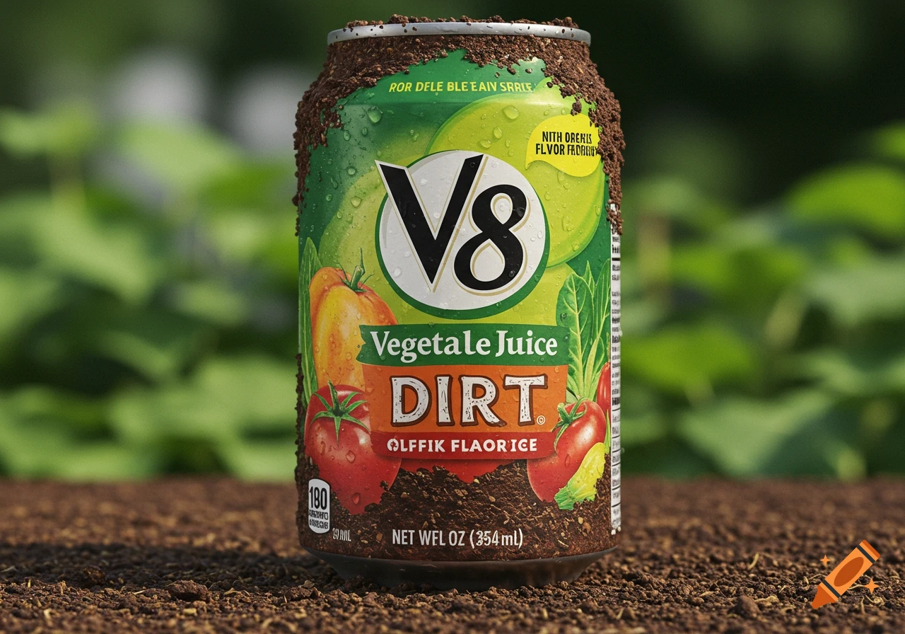 Photorealistic image of a V8 can covered in dirt, sitting on the ground.