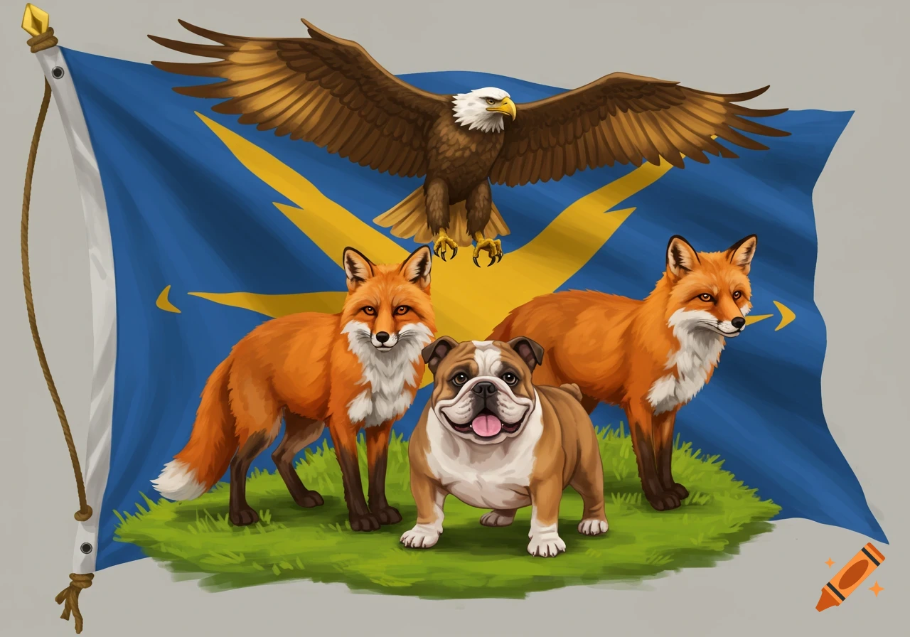 Illustration of an eagle flying above two red foxes and a bulldog in front of a blue and yellow flag.