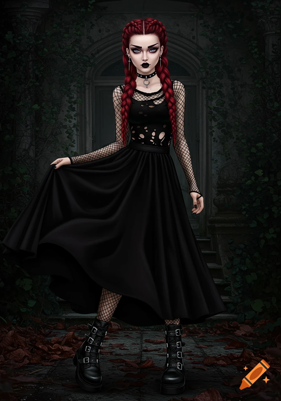 Gothic illustration of a girl with red braids in a black dress and combat boots standing in front of a dark doorway.