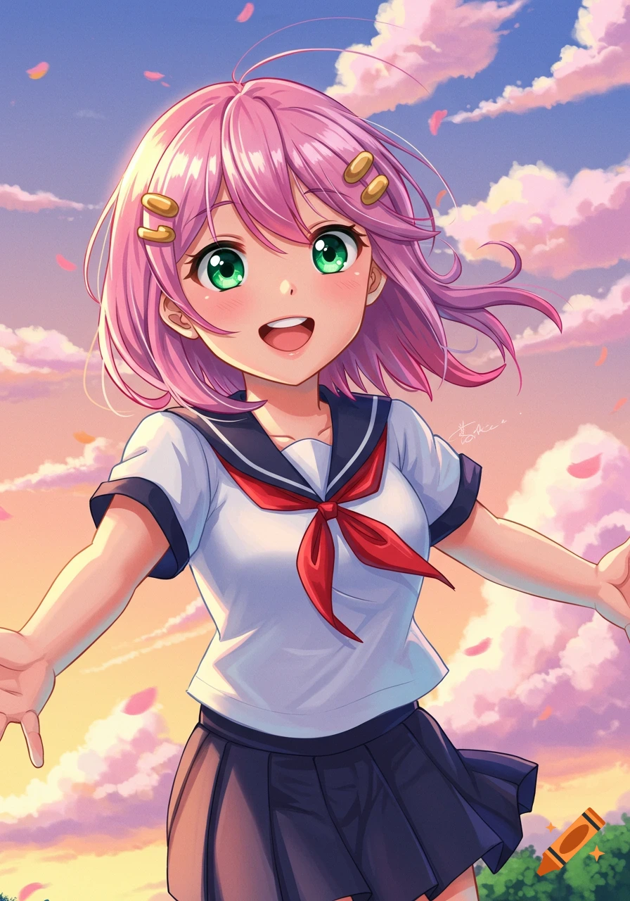 Anime girl with pink hair and green eyes in a school uniform against a pink and blue sunset sky with falling petals.