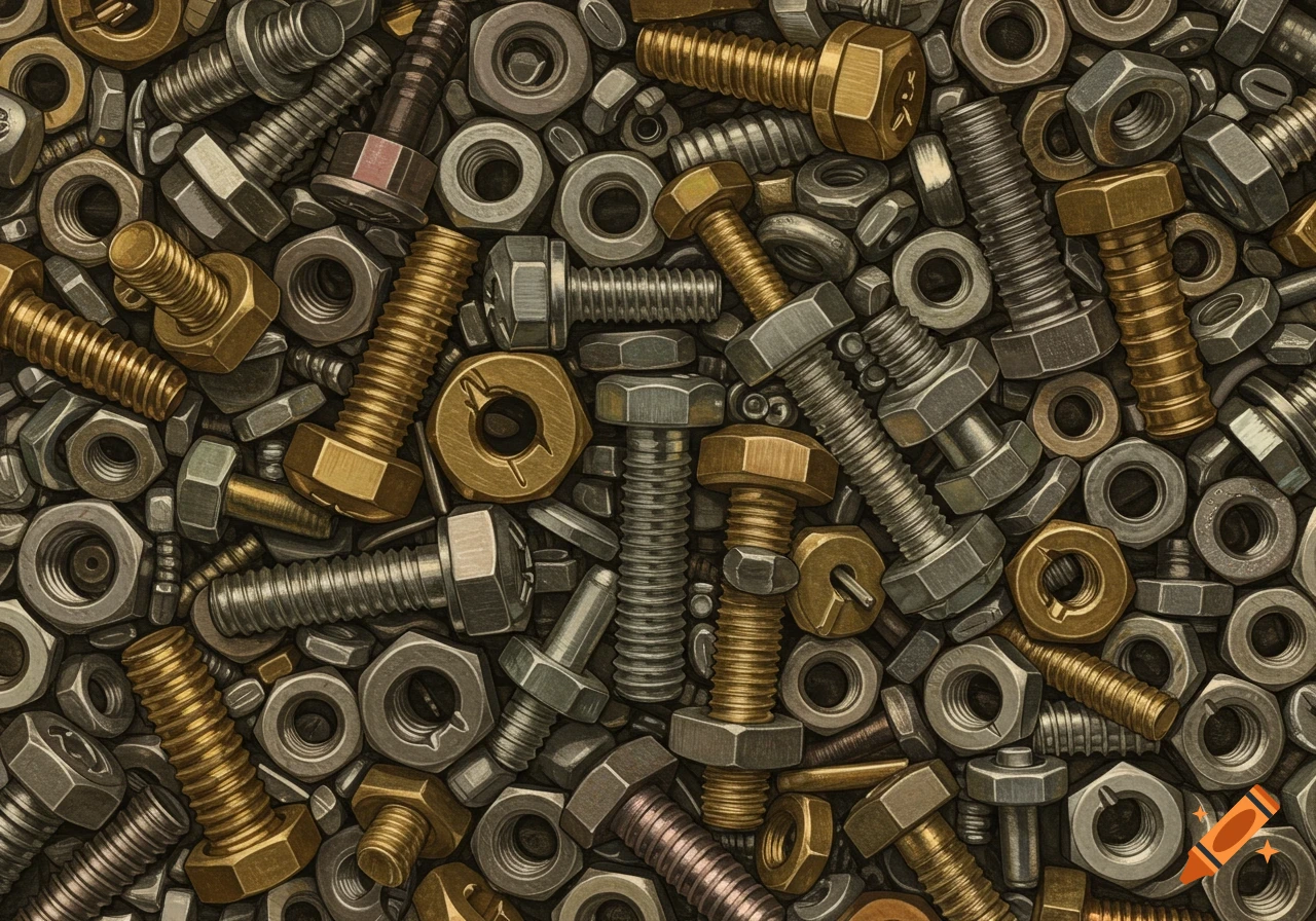 A close-up view of a pile of silver and gold metal bolts and nuts.