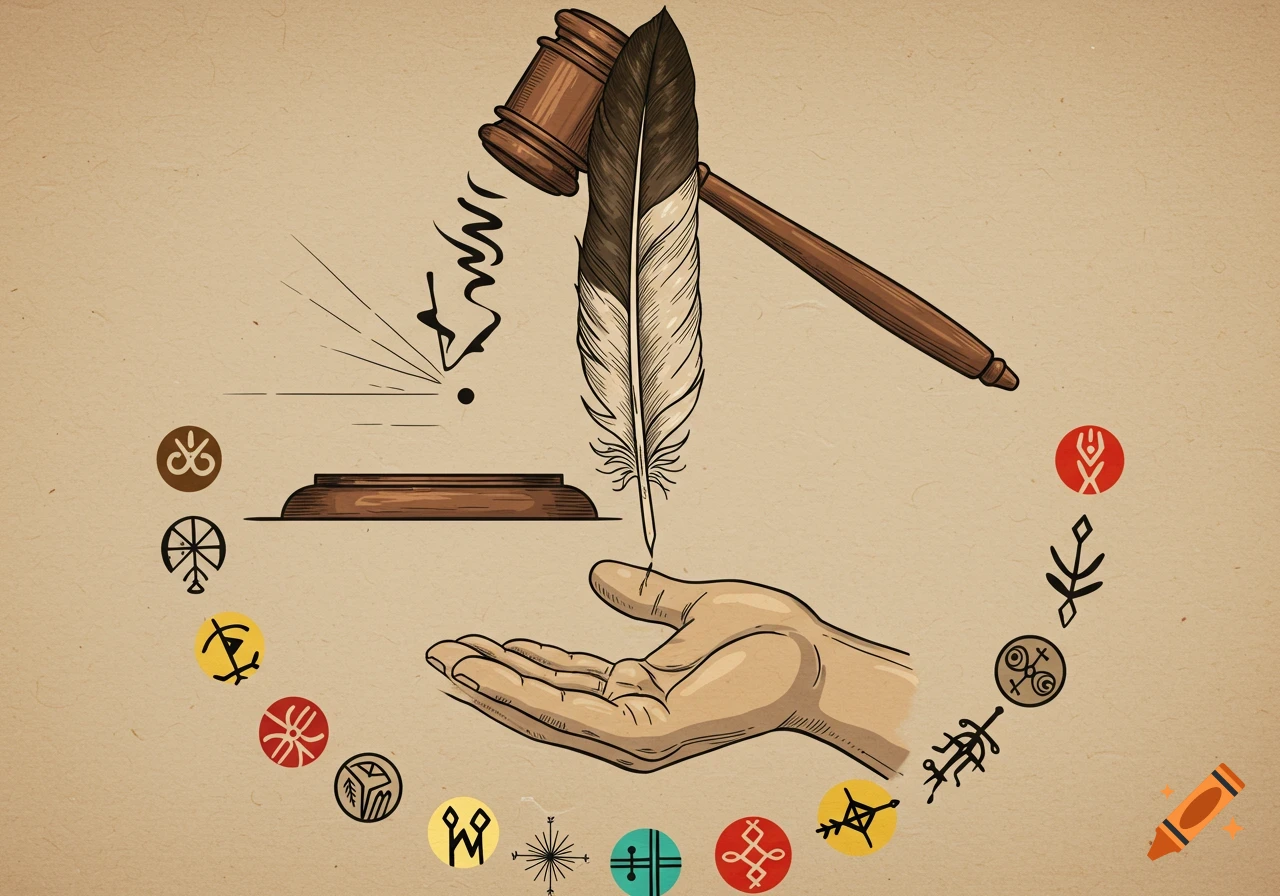 An illustration of a gavel transforming into a feather over an open hand, surrounded by symbols.
