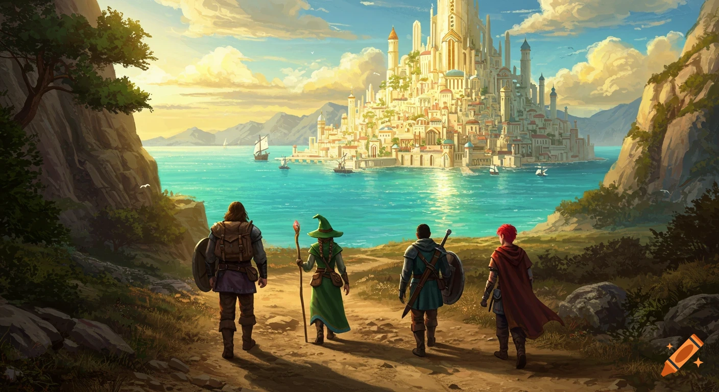 Four adventurers walk towards a bright seaside fantasy city in a painterly style.