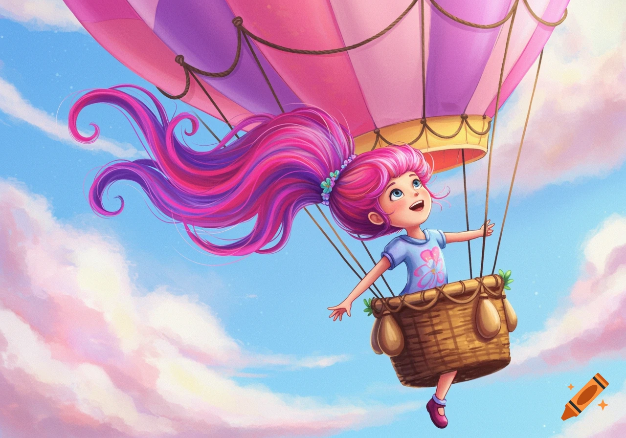 A happy cartoon girl with long pink and purple hair flies in a hot air balloon basket through a cloudy sky. Illustrated style.