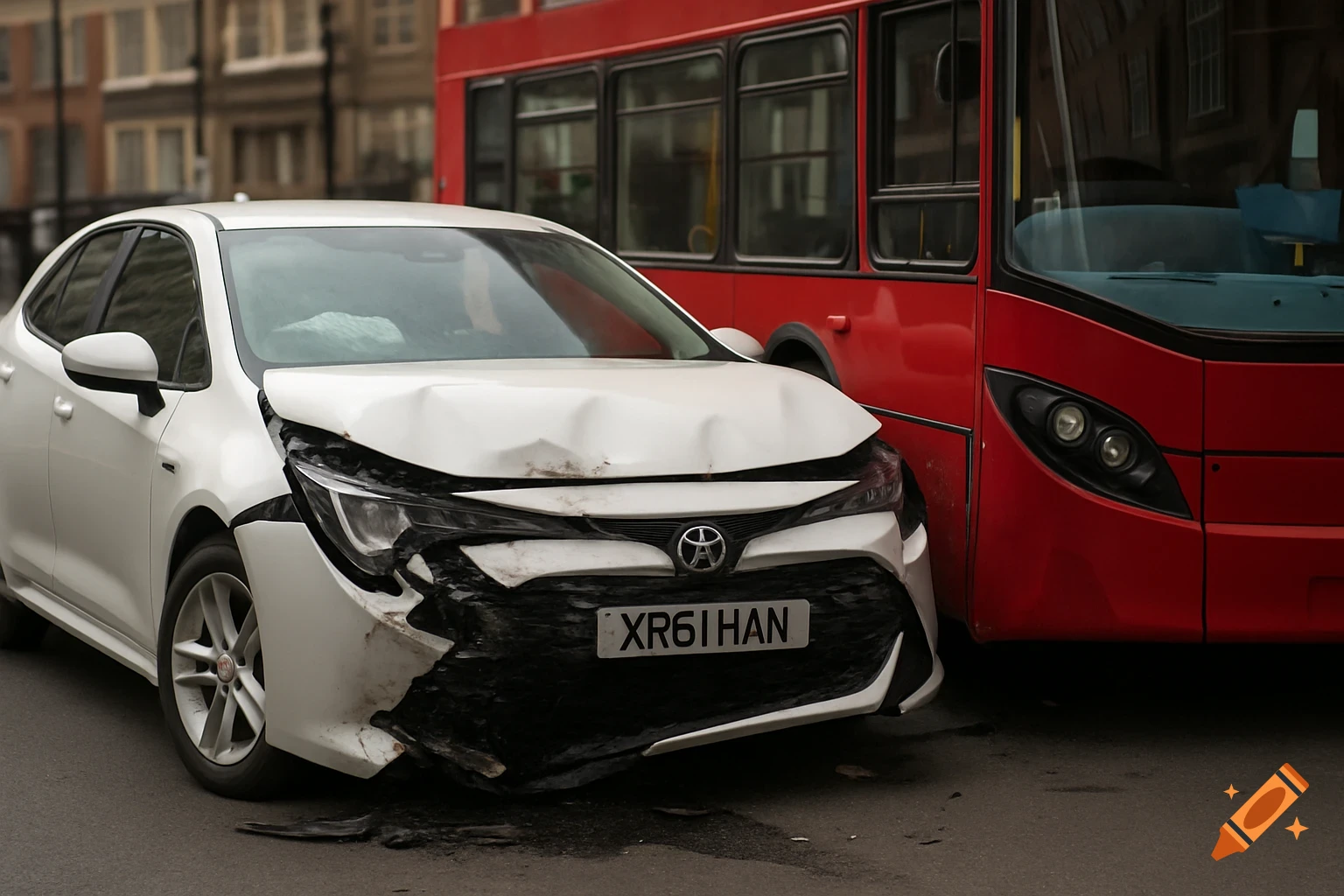 A damaged white car with license plate XR61HAN next to a red London bus after a crash