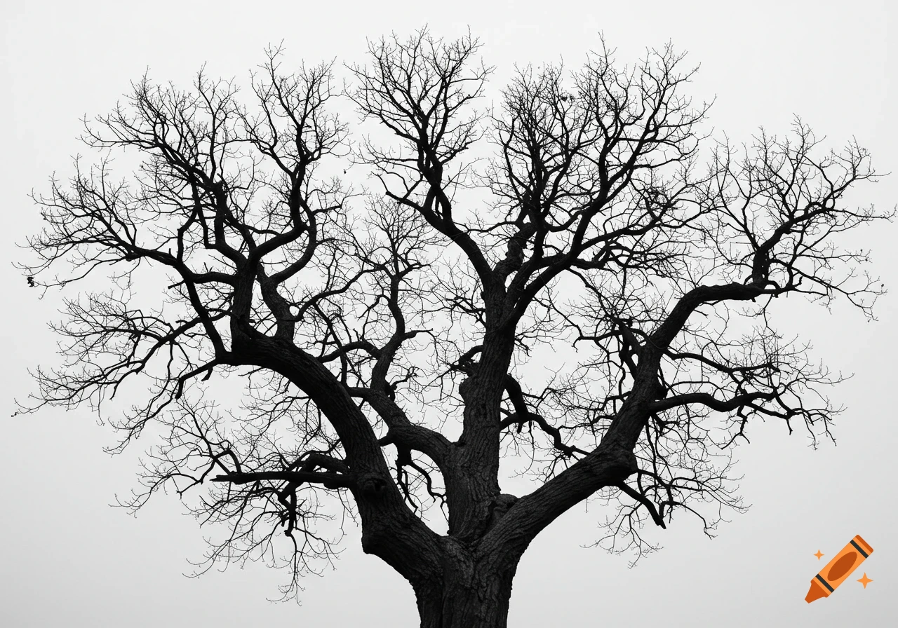 Silhouette of a large bare tree with many branches against a bright sky.