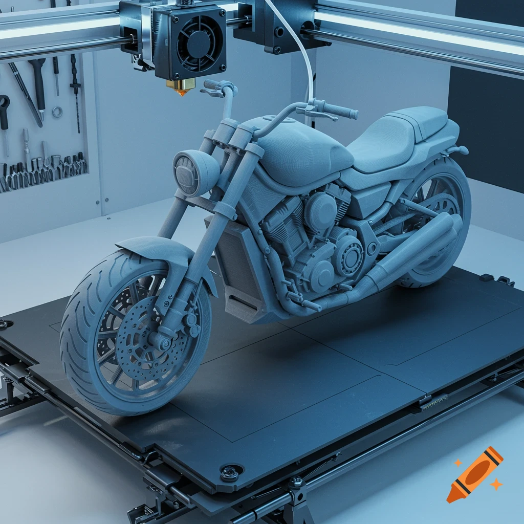 A cruiser motorcycle model is being 3D printed.