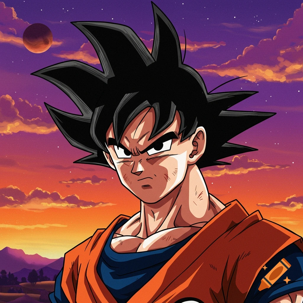 A close-up anime portrait of Goku from Dragon Ball Z against a sunset sky.