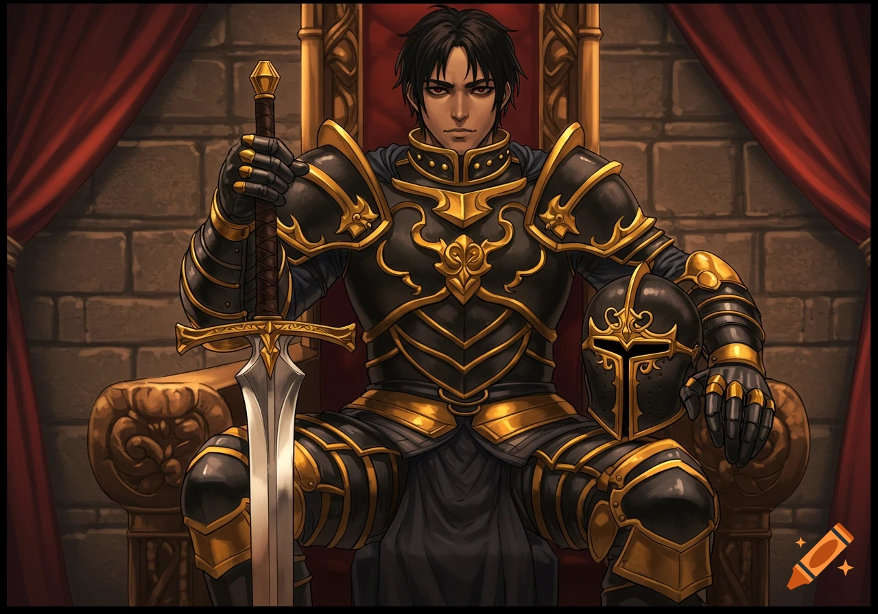 An anime style image of a knight in black and gold armor sitting on a throne in a castle, holding a sword.