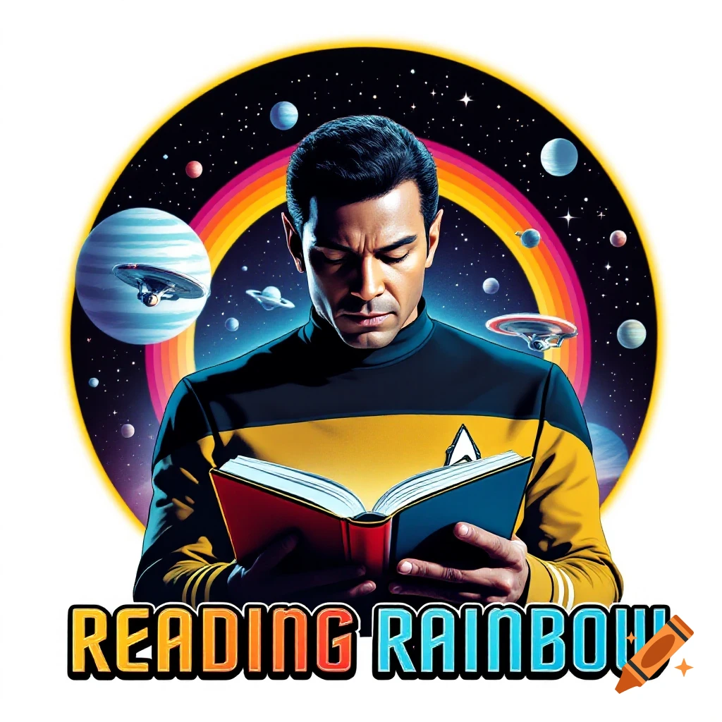 Man resembling Geordi La Forge in a Starfleet uniform reads a book with Star Trek ships, planets, and a rainbow in space, and "READING RAINBOW" text.