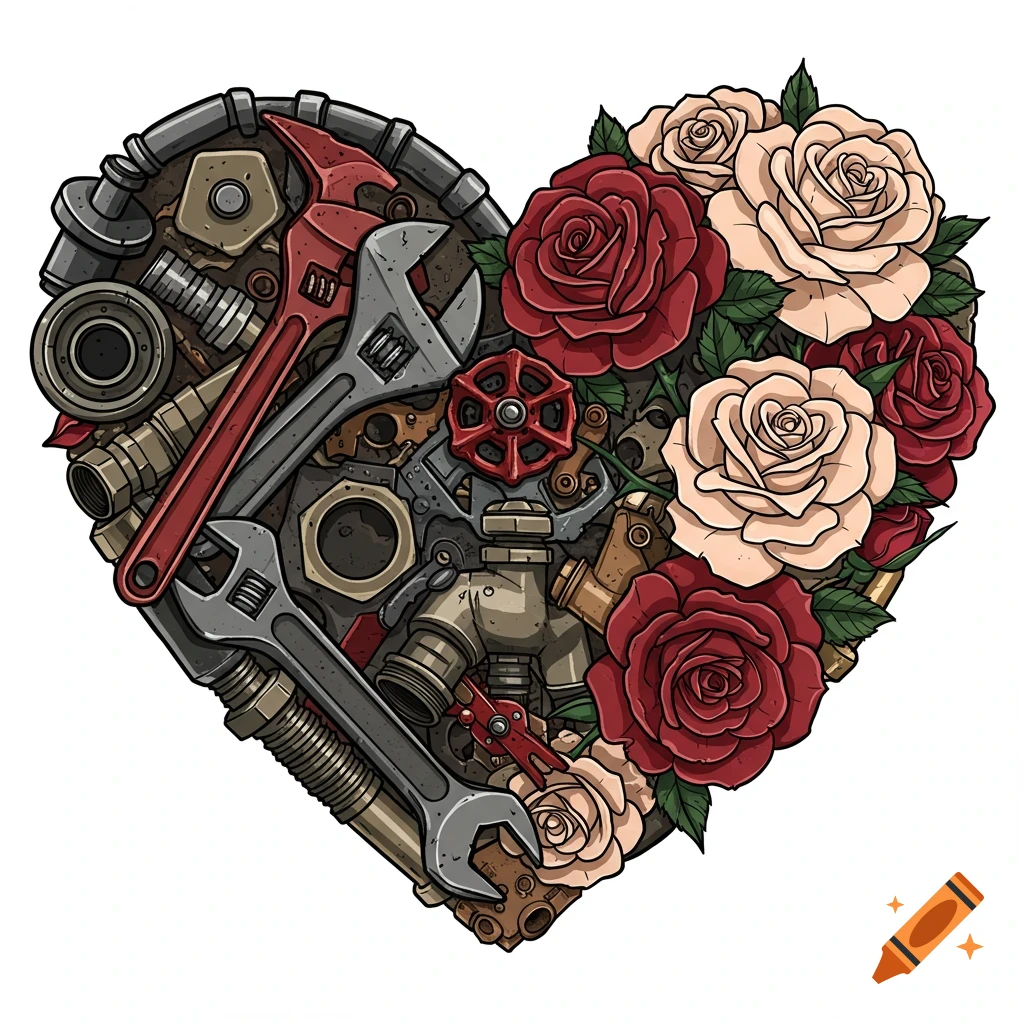 A heart shape formed by plumbing tools and roses.