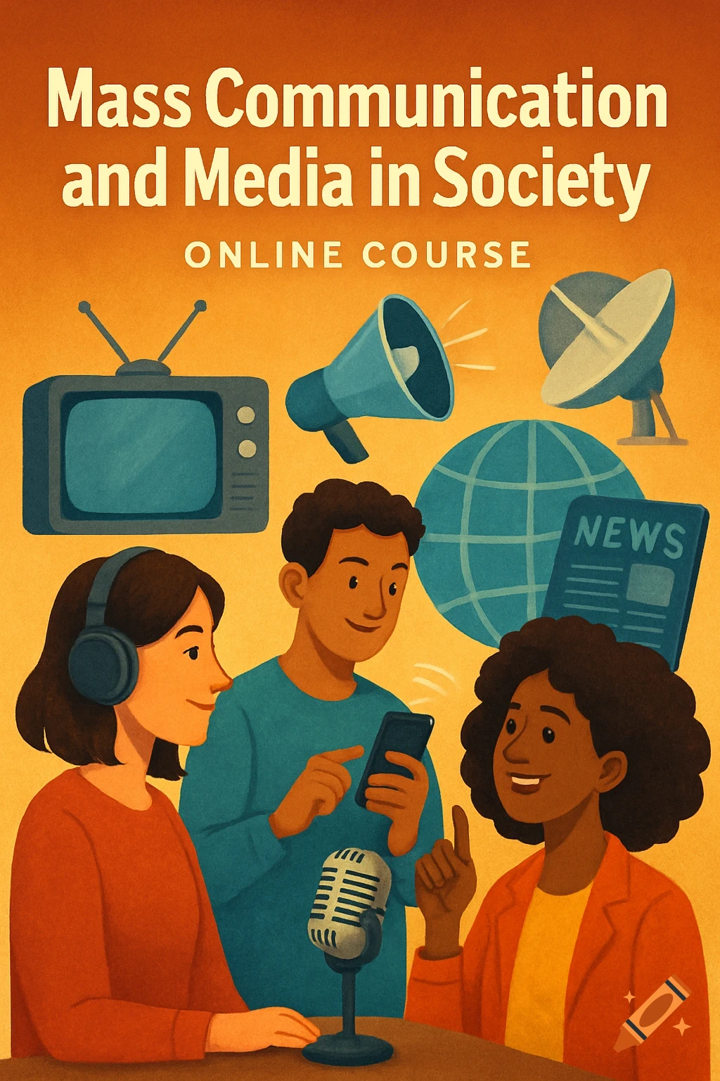 Illustration of people discussing media surrounded by communication symbols, with text 'Mass Communication and Media in Society ONLINE COURSE'