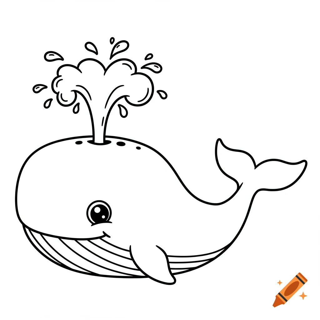 Black and white outline drawing of a cute cartoon whale spouting water.