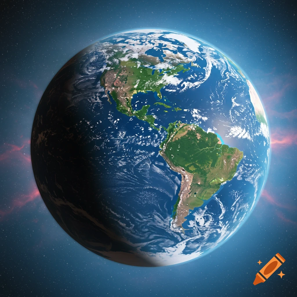 The Earth seen from space, showing the Americas with clouds and stars.