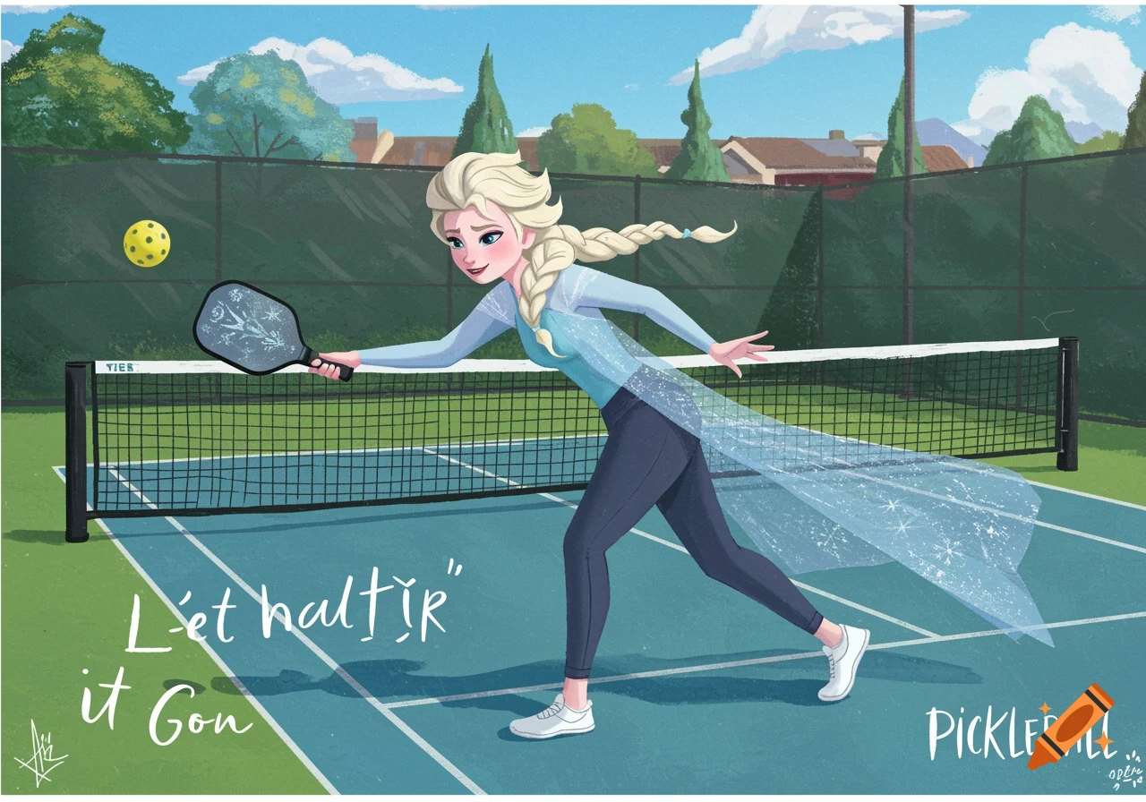 Elsa from Frozen plays pickleball on a court in a stylized illustration.