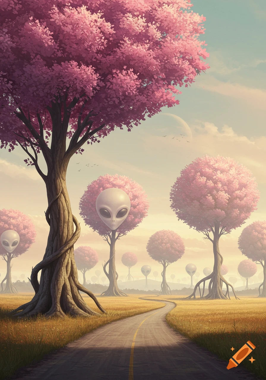 Surreal landscape with alien-headed trees along a road, under a sky with a visible planet. Digital painting.