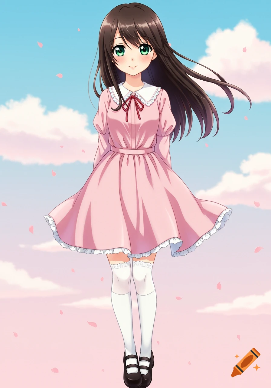Anime girl in a pink dress floating with cherry blossoms falling around her against a cloudy sky.