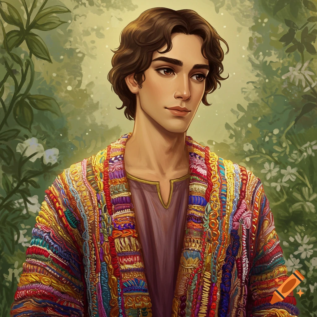 Digital painting of a young man wearing a colorful, patterned coat against a green background.