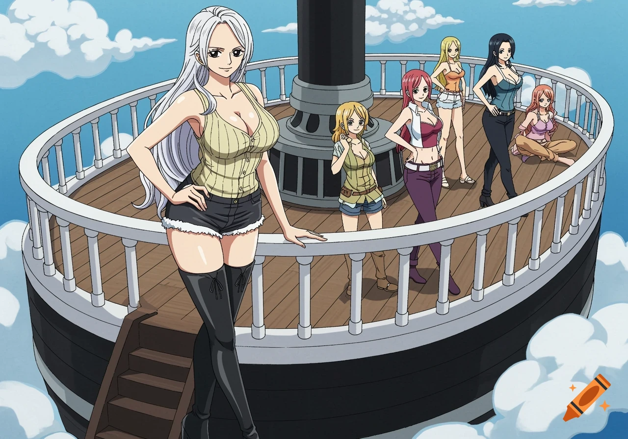 Anime style image of several women standing on a flying ship in the sky.
