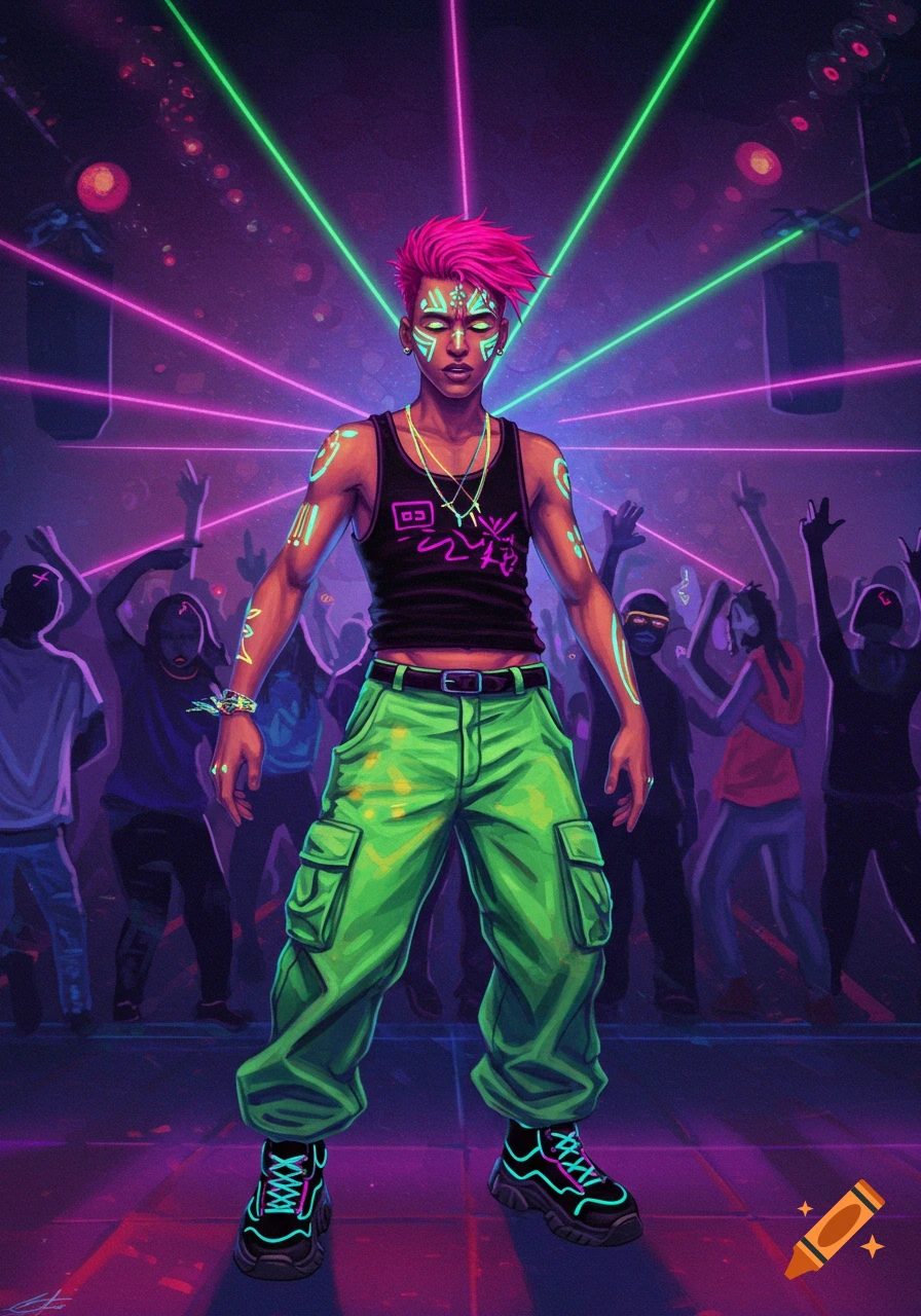 Person with pink hair and glow paint at a rave with laser lights and dancers.