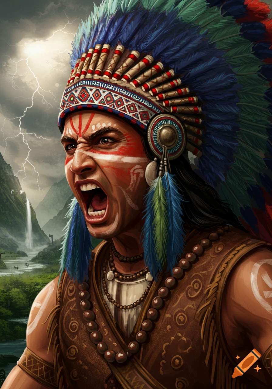 Illustration of a Native American chief yelling, wearing a feather headdress and face paint, with a stormy sky and landscape.
