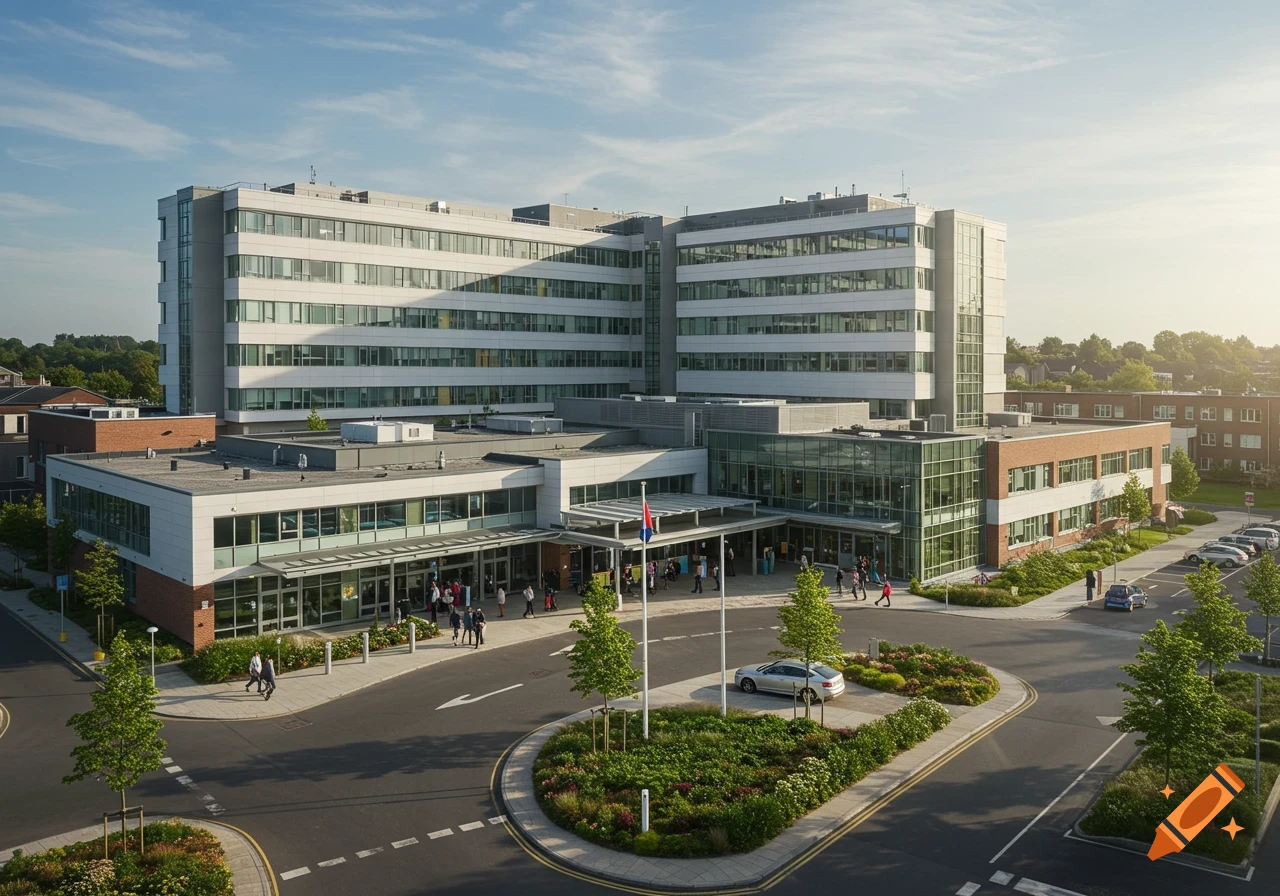 An aerial view of a modern hospital building with a busy entrance and parking area.