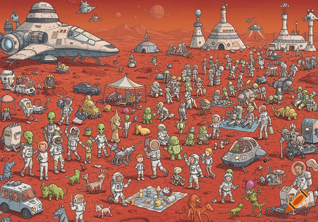Detailed illustration of a crowded Mars surface with aliens, humans, pets, and vehicles in a Where's Waldo style.