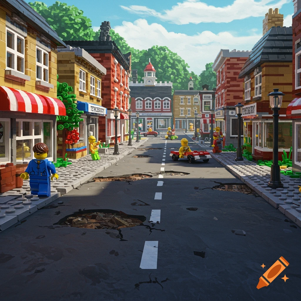 LEGO town street scene with buildings, minifigures, cars, and potholes.