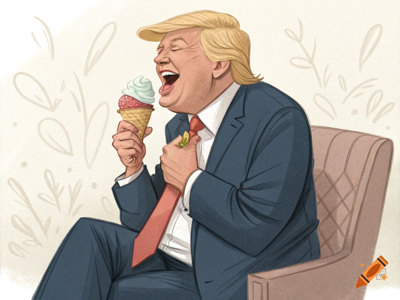 Illustration of Donald Trump laughing while eating an ice cream cone