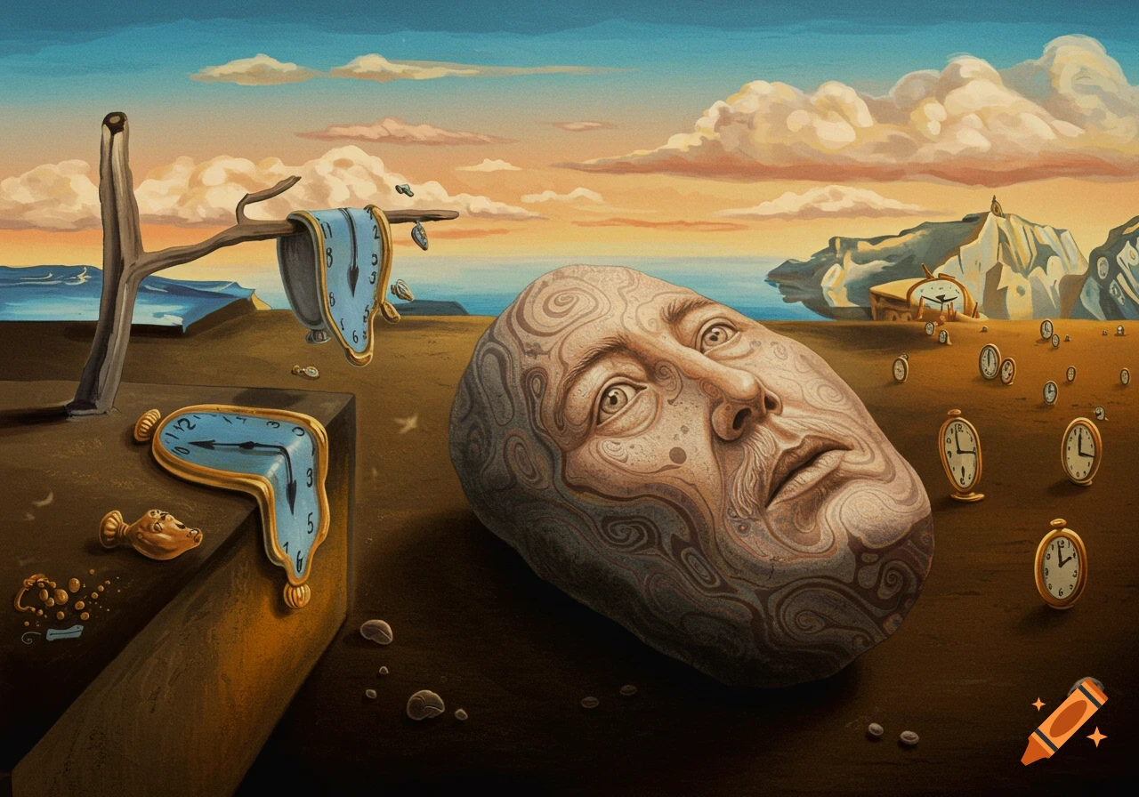 Surreal painting in the style of Salvador Dali, showing melting clocks, a face in a rock, and a landscape with distant clocks.