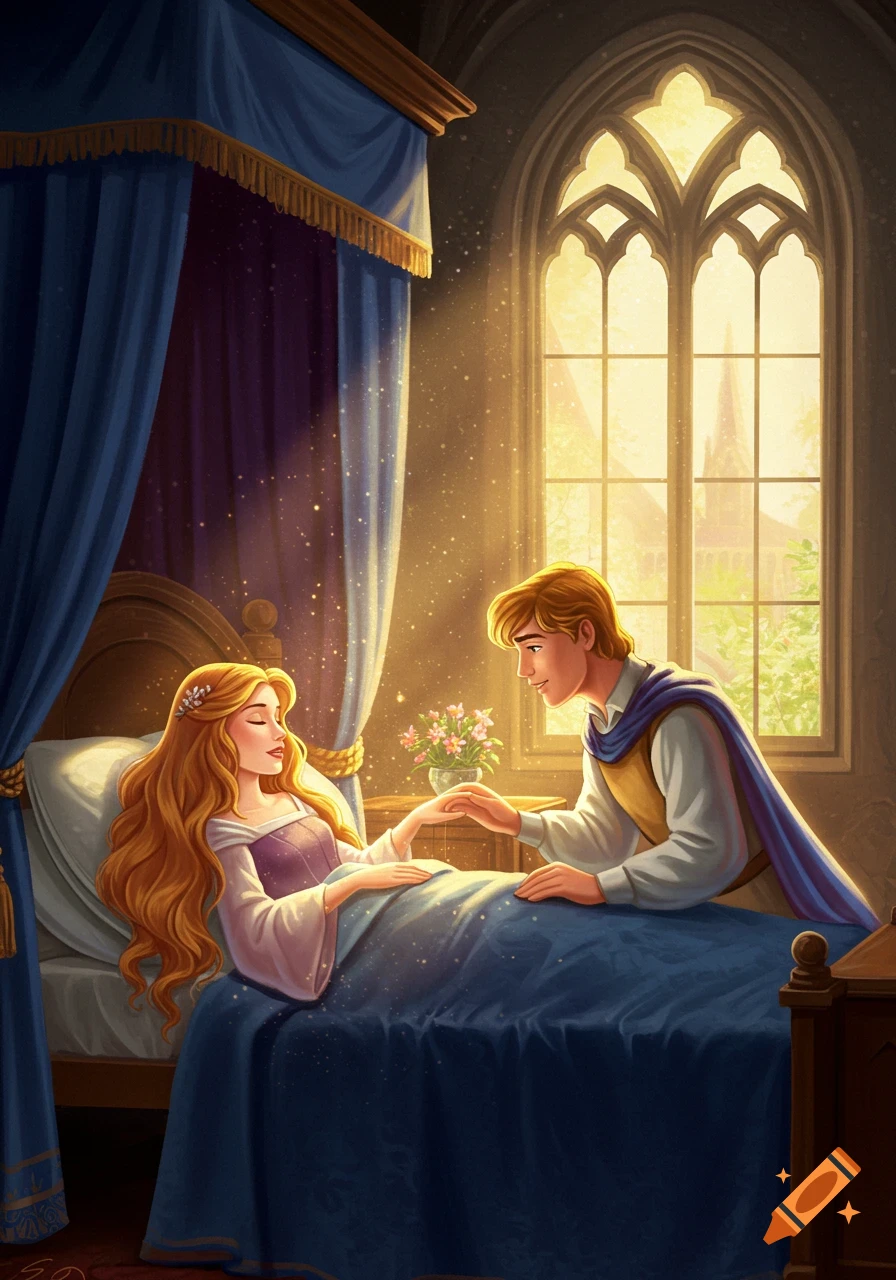 An illustration of a prince reaching for the hand of a sleeping princess in a four-poster bed.
