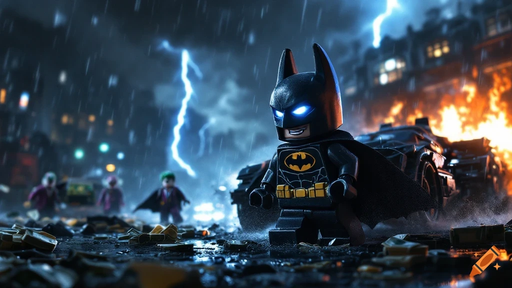 LEGO Batman confronts Joker and Two-Face in a stormy Gotham street with the Batmobile and fire.