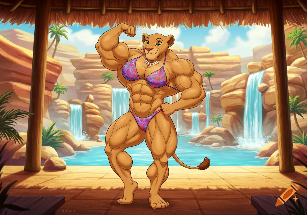 A muscular anthropomorphic lioness in a bikini poses at a resort oasis in a 2D cartoon style.