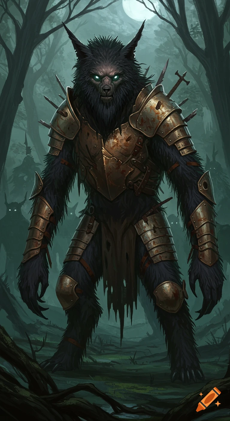 A furry beast resembling a werewolf, wearing rusted metal armor, stands in a dark, spooky forest.