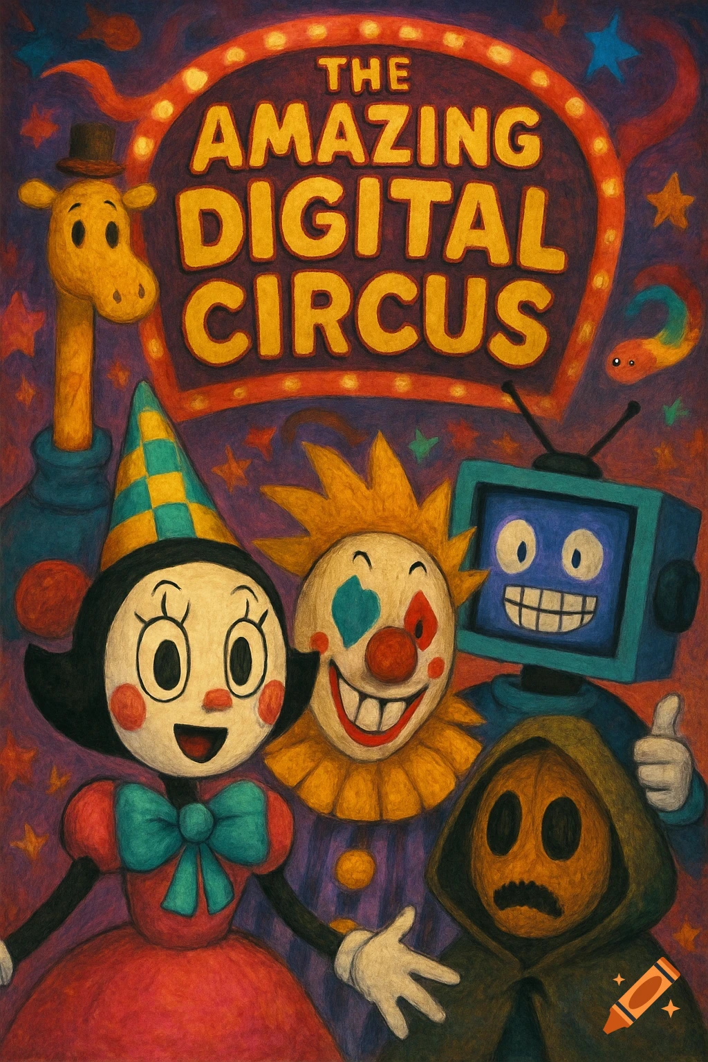 A colorful cartoon poster with characters like a girl in a dress, a clown, and a TV-headed character under a sign that reads "The Amazing Digital Circus".