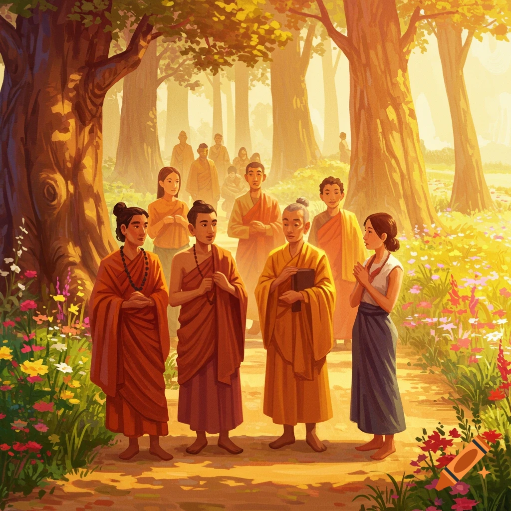 People in Buddhist robes walk on a path through a sunny forest, in a painting style.
