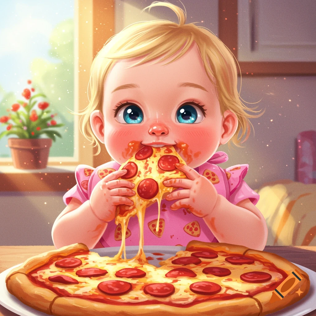 Cute illustration of a blonde baby with big blue eyes messily eating a slice of pepperoni pizza