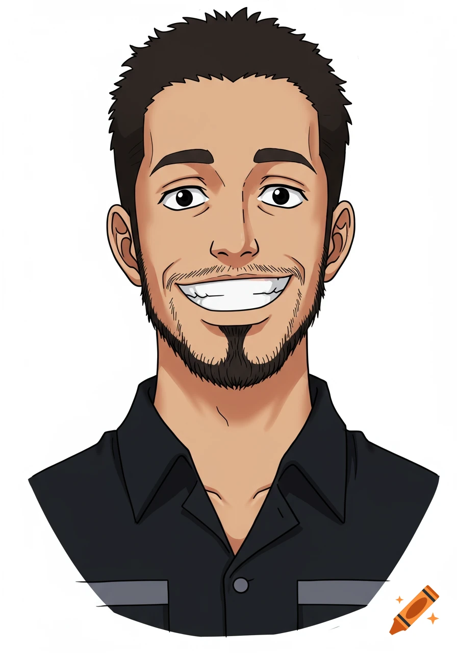 Anime portrait of a man with a beard and friendly smile wearing a black shirt.