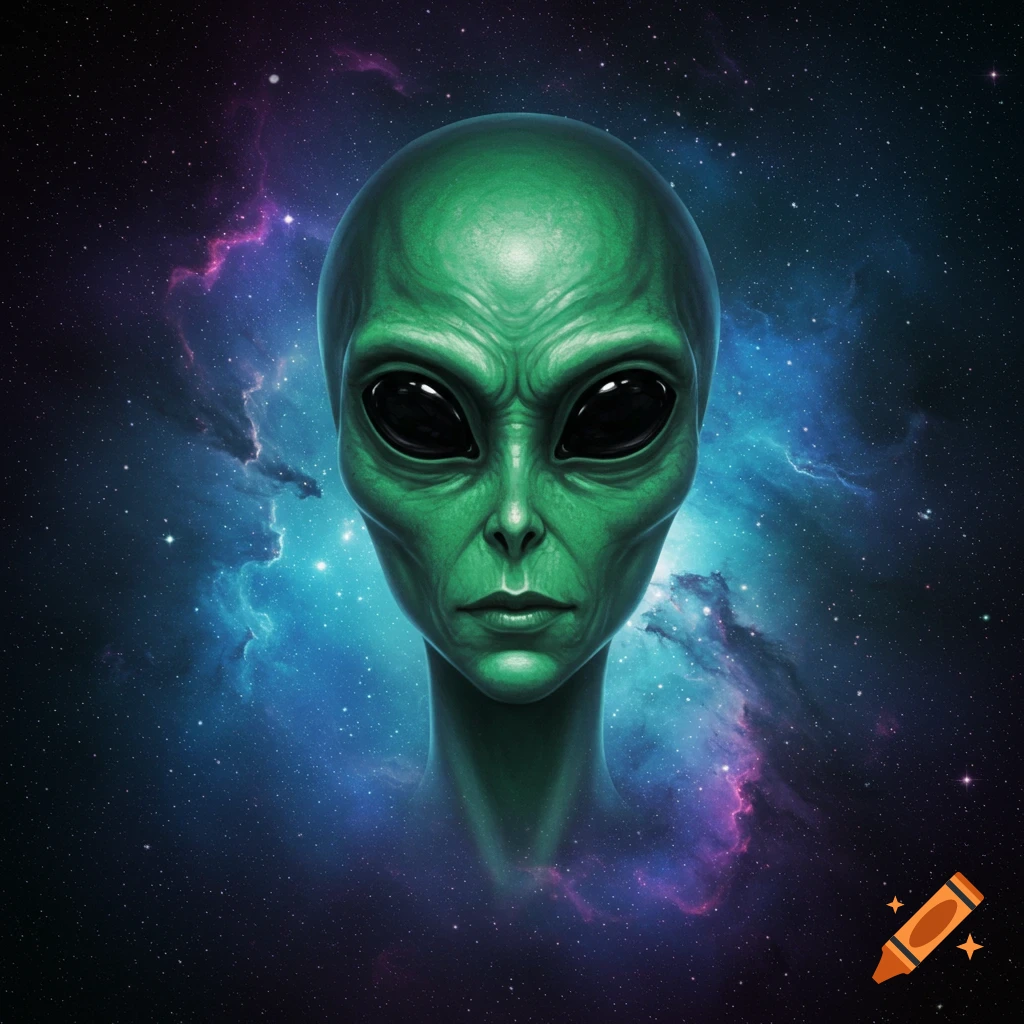 Close-up of a green alien face with large black eyes against a colorful space nebula background.