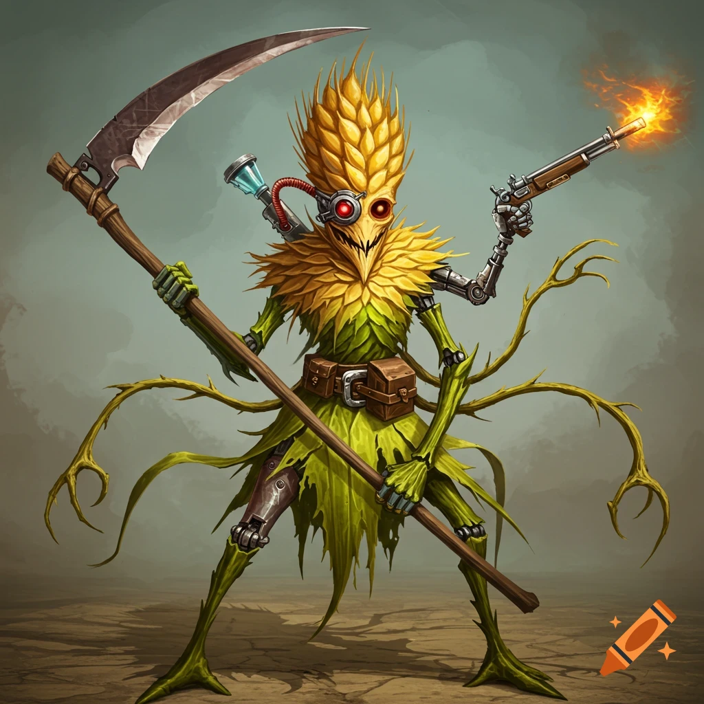 A fantasy creature with a wheat-like head, robotic arm, and vine arms holds a scythe and fires a musket rifle.