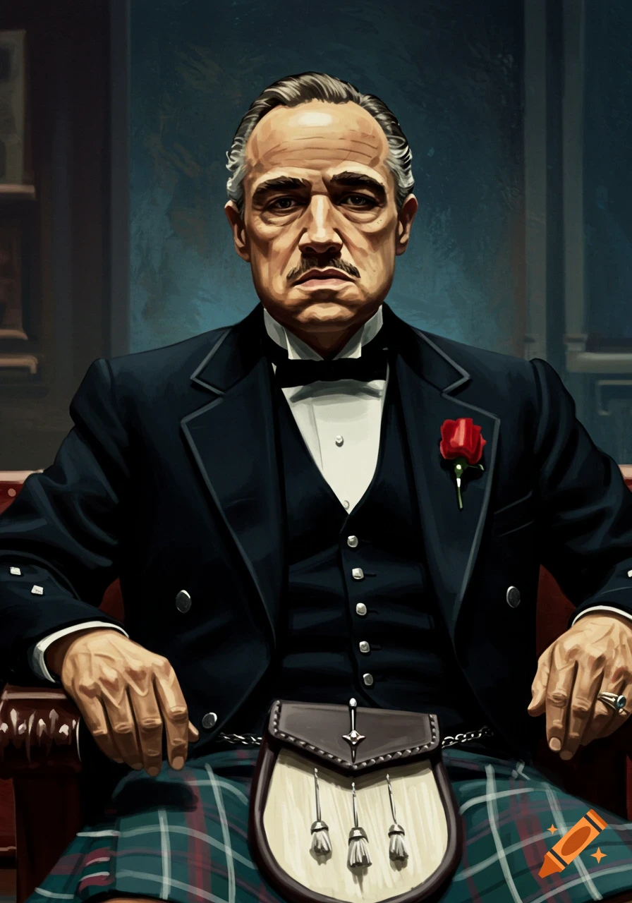 Stylized portrait of a man resembling Don Corleone in a suit and tartan kilt