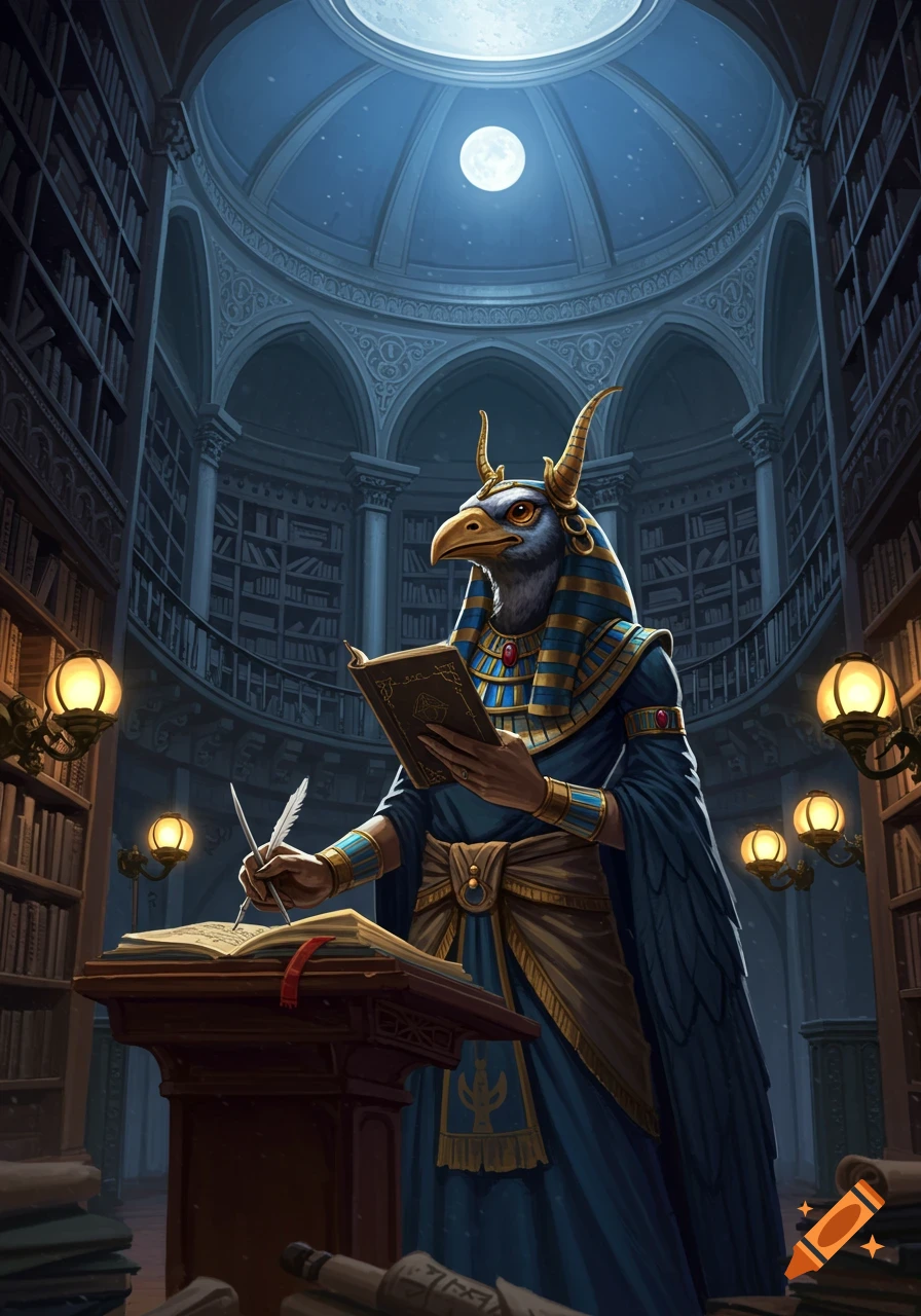 A bird-headed figure in Egyptian robes writes in a book in a vast library under a moonlit dome.