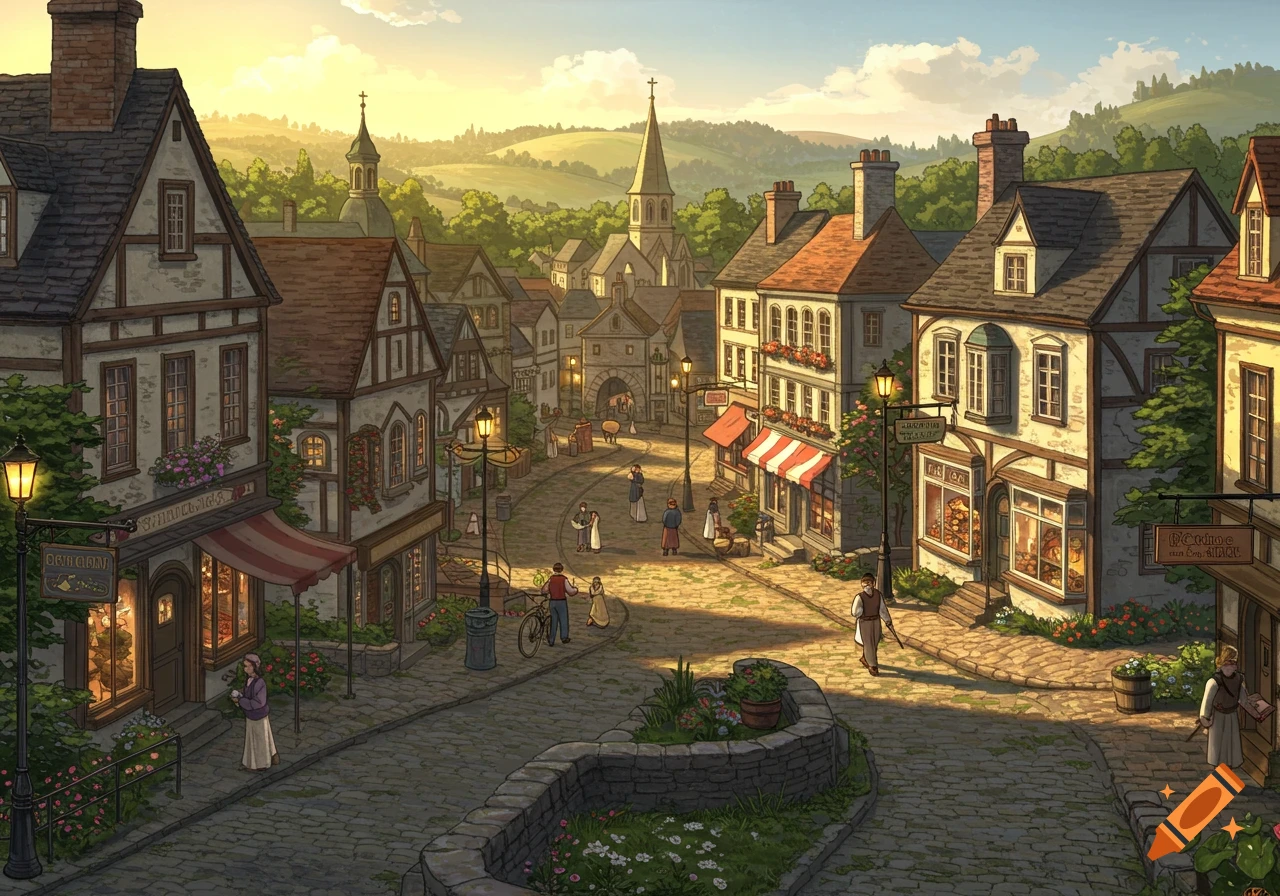 Stylized illustration of a charming European town at sunset.