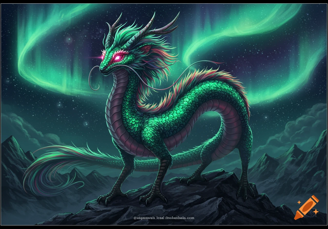 A detailed green dragon stands on a mountain rock under a starry night sky with vibrant green aurora borealis.