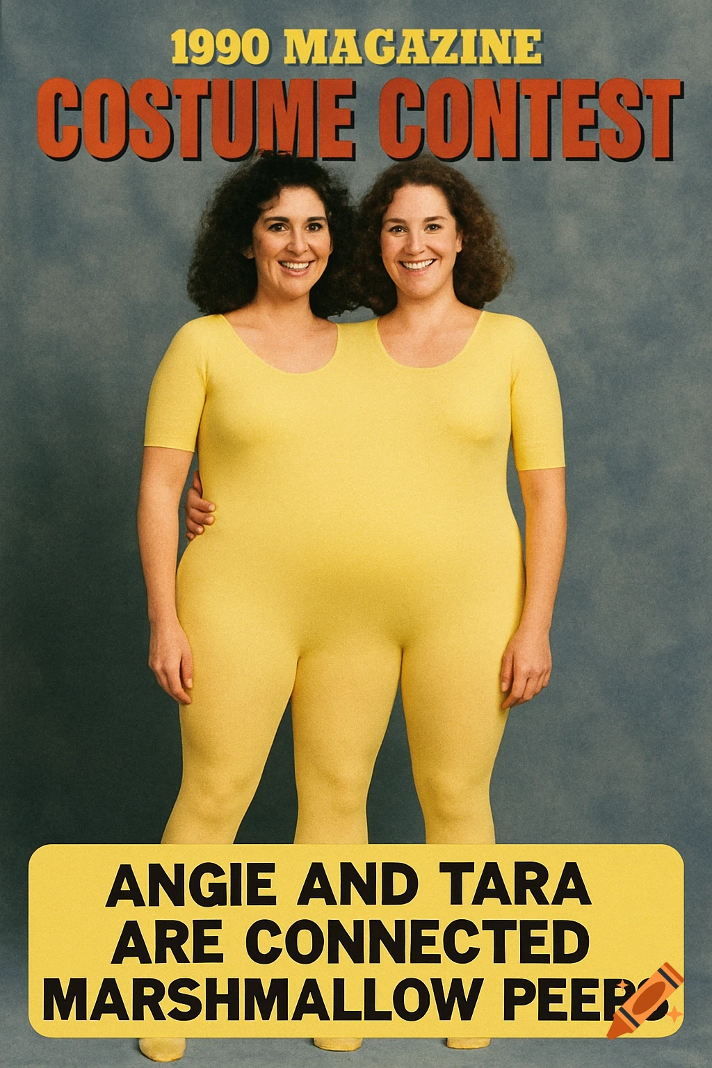 Two women in a single yellow full-body costume with text '1990 MAGAZINE COSTUME CONTEST'