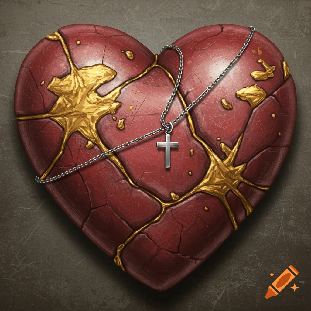 A broken red heart repaired with golden kintsugi cracks, wrapped with a silver chain necklace and cross pendant.