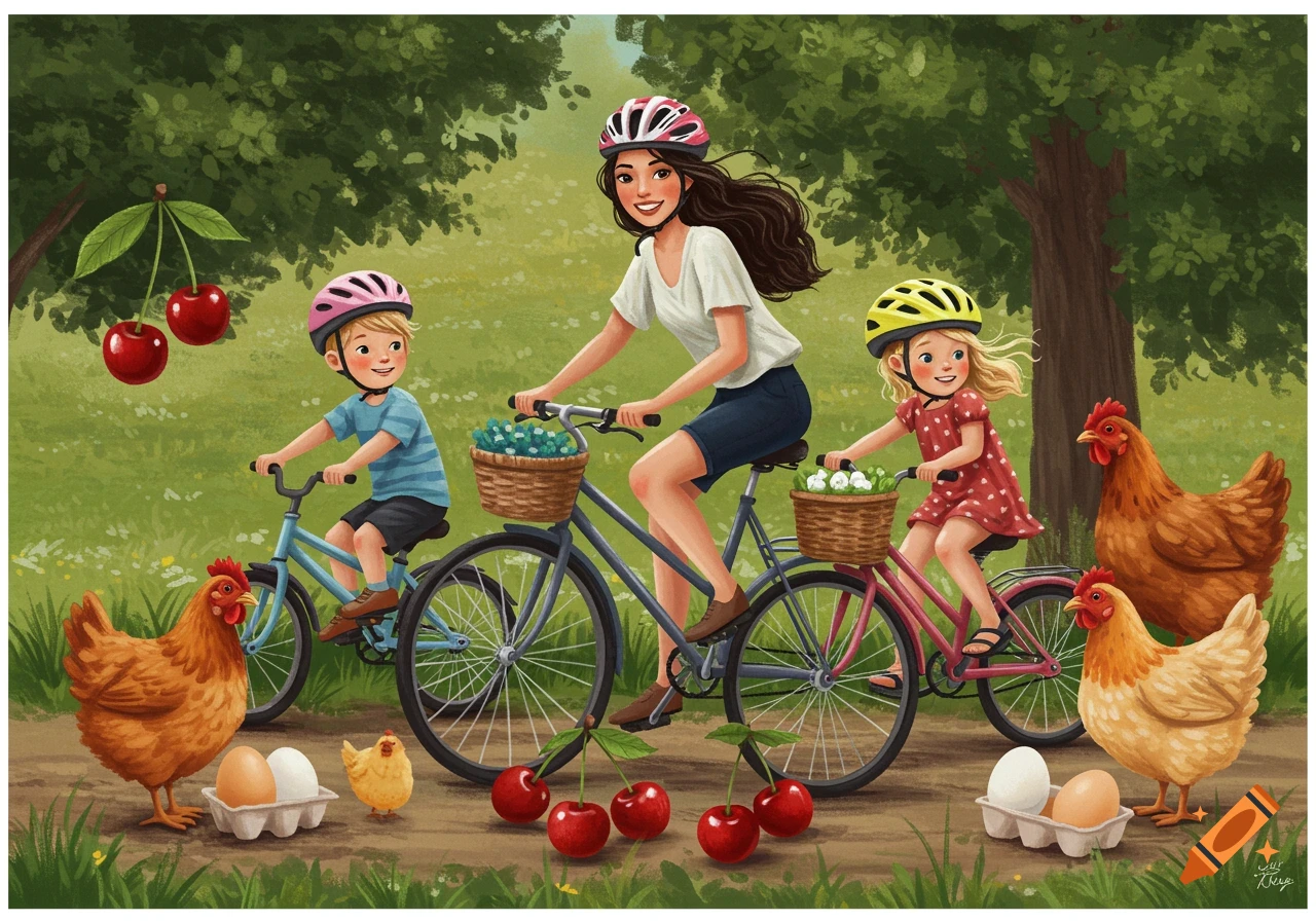 Illustration of a family biking with chickens, eggs, and cherries.